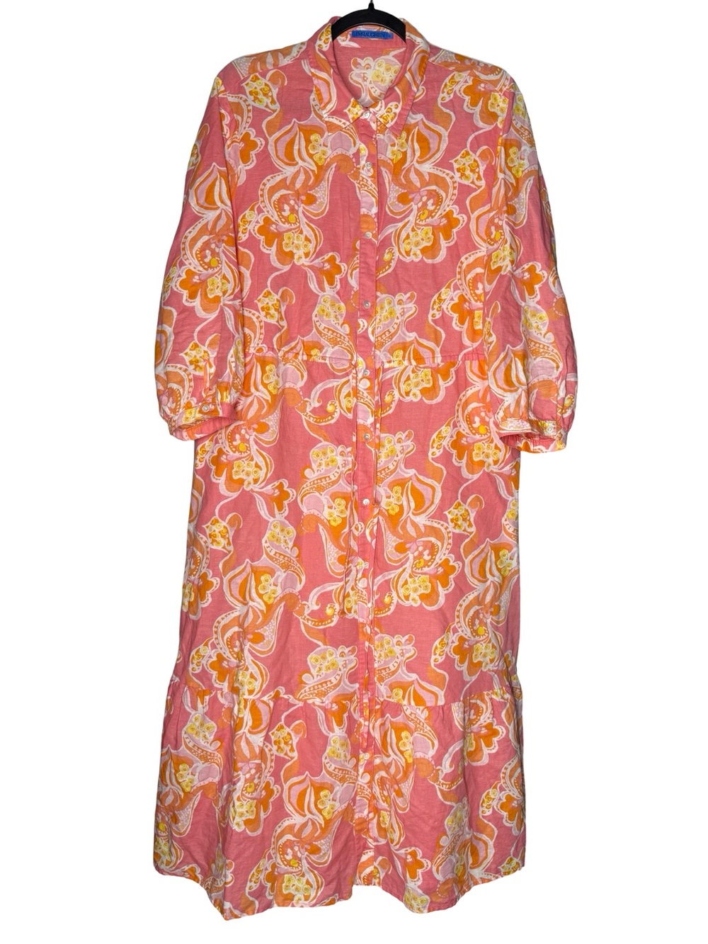 J McLaughlin Foley XL Linen Floral Midi Dress Coastal Resort Boho Pink Orange